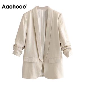 Aachoae Women Office Wear Blazer Coat Notched Collar Casual Pockets Suit Blazers Solid Pleated Sleeve Chic Outwear Tops 201023