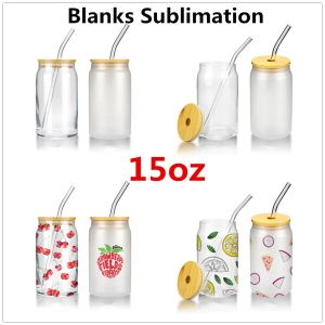 NEW!!!15oz Sublimation Glass Beer Mugs with Bamboo Lid Straw DIY Frosted Clear Drinking Utensil Coffee Wine Milk Beer Cola Juice Cold Drinkware Handmade Can