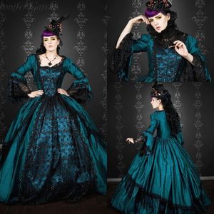 Vintage Medieval Prom Dresses 2021 Gothic Fantasy Kobiety Cosplay Masquerade Party Dress Square Dekolt Długi Dzwonek Rękaw Koronki Suknie Wieczorowe