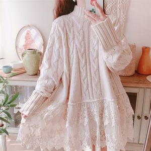 Oryginalny projekt Aigyptos Spring Autumn Women Causal Lose Pullover Swater Sweet Cute Hafdery koronkowy patchwork skręcony sweter 20121