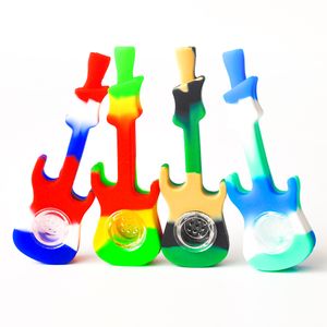 Guitar Shape Silicone Smoking Pipe Tobacco Hand Spoon Pipes Heat Oil Dab Rig with Glass Bowl Multi Classic Colors