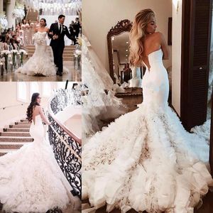 2021 Mermaid Dresses Sweetheart Neckline Cascading Ruffles V Back Sweep Train Custom Made Wedding Bridal Gown Vestidos De Novia 403 403