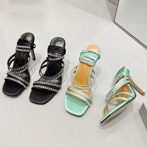 Moda Kryształ Szpilki Kostki Pasek Gladiator Kobiety Sandały Lato Kobiet Silk Green Party Sandals Buty