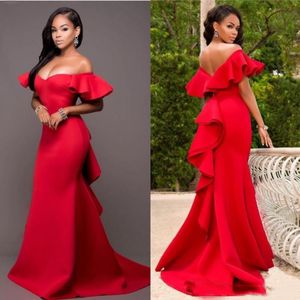 Sexy Red Mermaid Prom Dresses Off Shoulder Ruffles Open Back Long Cheap Simple Fitted Formal Evening Gowns Black Girls Special Party Wear