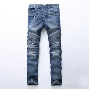 Męski Czarny Niebieski Wysokiej Jakości Jean Jeans Plisowane Męskie Denim Spodnie Slim Denim Biker Skinny Cotton Casual Długie Mody Casual Spodnie Odzież