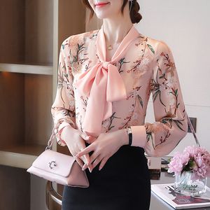 Long Sleeve Shirt Printed Bow Women's Blouse Spring Autumn Shirt Fashion Elegant Ladies Blouse Chiffon Shirt