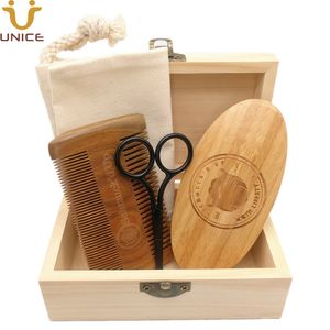 MOQ 100 SETS Anpassad logotyp Skägg Kit Suit Bamboo Brush Sandalwood Comb Grooming Scissors i presentpåse trälåda