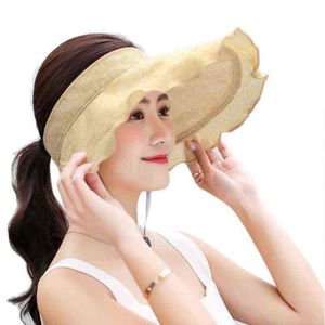 النساء UV حماية الشمس قناع قبعة فارغة أعلى الكشكشة واسعة بريم طوي شاطئ كاب G220301