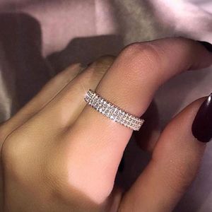 3 linhas de fileira Limpar anéis de casamento de cristal para mulheres moda strass aço inoxidável feminino adolescente jóias