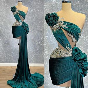 Hunter Green 2022 Sheath Prom Dresses Beaded Crystals One Shoulder Evening Formal Party Second Reception Gowns
