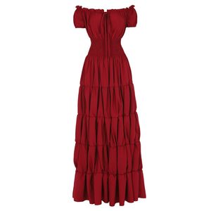 Kvinnor medeltida renässans klänning boho petticoat kort ärmar av axel smocked midja retro pläterad lång klänning kostym y0118