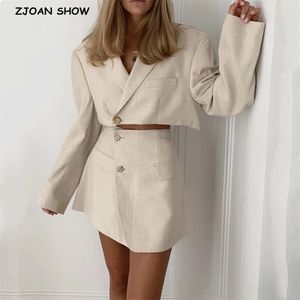 Sexig One Button Korta Kvinnor Blazer Beskuren Högt midja Oregelbundet Kors Slit Mini Skirt Långärmad Kassar 2 Pieces Set Vintage 220302