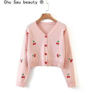 Ny söt söt kawaii rosa körsbär broderi kvinnor höst stickade cardigan toppar chic v-hals single-breasted tröja 201017
