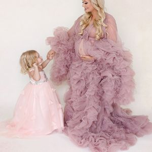 Winter Pink Tulle Ruffle Maternity Dress Photo Shoot Illusion Pregnant Women Photography Kimono Evening Prom Robe Bathrobe Sleepware