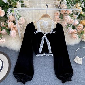 Sexy Halter Lace Patchwork Short Women's Blouses & Shirts For Women Casual Puff Sleeve Velvet Shirt Female Black Tops New Fashion Autumn Winter 2022