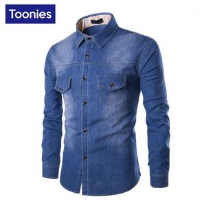 Camisas casuais casuais por atacado- 2021 Algodão Sólido Denim Men's Camisa Manga Longa Mens Causal Mans Camisa Social Hombre Overhemd Heren Bra