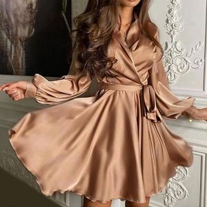 Sexiga Satin Sashes En Linje Robe Mini Dress Lantern Sleeve Low Cut Elegant Party Club Plus Storlek 2021 Kvinnors Kläder Vestidos