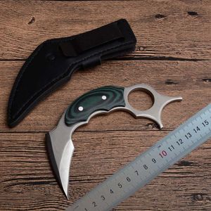 Karambit 440c satinblad full tang micarta handtag fasta blad klo knivar taktisk kniv med läder mantel