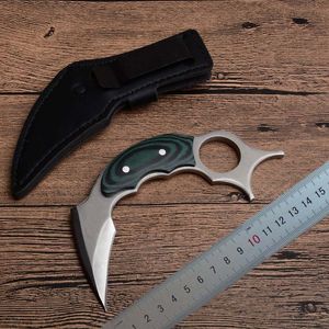 karambit 440c 새틴 블레이드 전체 당나라 미시가 손잡이 고정 블레이드 클로 칼 가죽 칼날과 전술 칼