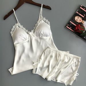 QWEEK Baumwolle Zweiteiler Set Frauen Nachtwäsche Seidenpyjamas Sexy Brustpolster Nachtwäsche Frauen Sommer Spitze Homewear Frauen Dessous LJ200822