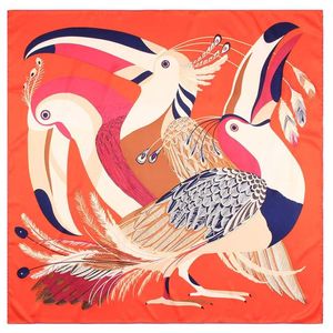 Ręczne Ręcznie Walcowane Twill Silk Scarf Kobiety Tukan Ptak Print Square Scarves Okładki Echarpes Foulards Femme Bandana Hidżab 90cm 220106