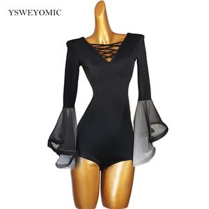 2021 preto sexy feminino dança de salão topos camisas de manga comprida roupas blusas flamenco padrão moderno prática dança bodysuit258z