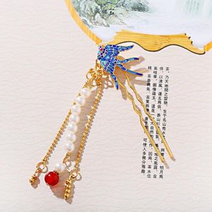 Vintage Chiński styl Włoski Blue Swallow Shape Decoration Luxury Gold Color Copper Chain Pearl Zroszony Tassel 2022 Gift Hair Clips Barret