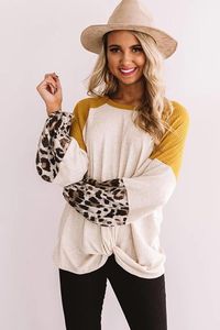 Blusas das mulheres camiseta Leopardo manga comprida waffle malha blusa branca com torção nó mulheres o pescoço sólido bloco de bloco de blocos mais ombros