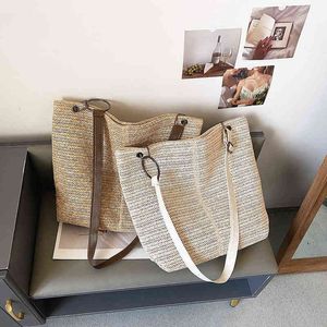 Shopping Bags New Fashion Women Woven Straw Shoulder Crossbody Bag Casual Ladies Summer Beach Vacation Large Capacity Tote Handbags 220303