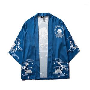 Męskie Kurtki Japonia Styl Cat Drukowane Cienkie Kimono Mężczyźni Japońska Streetwear Blue Casual Outerwear1