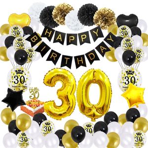 51pcs/set 30 Dekoracje przyjęć urodzinowych Big Happy Banner Woman Man Man Aniversaire 30 lat Czarne Złote Balony 220217