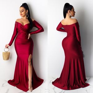 Casual Dresses Fall Winter Women Off Shoulder Plunging V-neck High Side Split Mermaid Maxi Red Dress Sexy Night Party Club Long