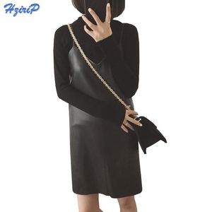 Hzirip女性のセクシーなフェイクレザーMidi Dress冬ノースリーブの底打ち服秋の新しい黒いストラップソフトPU Sundress Plus Size