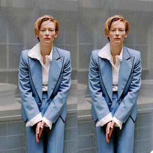 Spring Leisure Blue Women Pants Suits For Wedding Mother of the Bride Suit Ladies Loose Evening Party Tuxedos Formal 2 pieces