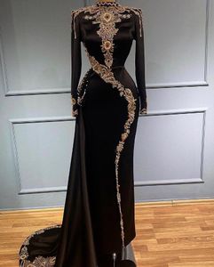 Arabski ASO EBI Black Mermaid Prom sukienki Koronki Kryształy Zroszony Kryształy Z Długim Rękawem Wieczór Formalna Partia Drugi Recepcja Suknie Zaręcznicze