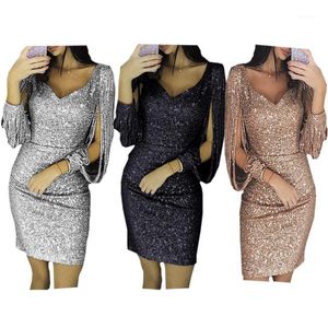 Casual Kleider Frauen Knie Länge Party Kleid Gold Quaste Weiblichen Bodycon Langarm Helle Seide Glänzende Vestidos1