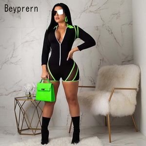 BeyPrern Fashion Zip Up Striped Workout Romper Plus Size Sexig Neon Green Mesh Patchwork One Piece Short Jumpsuit Women Catsuit T200704