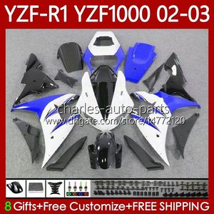Motorcykel Fairings för Yamaha YZF R 1 1000 CC YZF-R1 YZFR1 02 03 00 01 Kropp 90no.67 YZF1000 YZF R1 1000cc 2002 2003 Vit Blå BLK 2000 2001 YZF-1000 2000-2003 OEM KAVYWORK