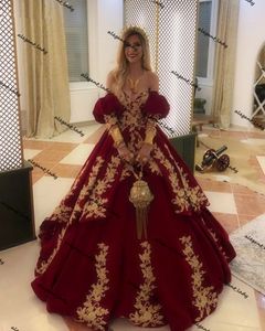 Kosovo Albanian Caftan Suknie Wieczorowe 2021 Burgundia Złota Koronka Aplikacja Sweetheart Off Ramię Prom Dress Vestido de Novia