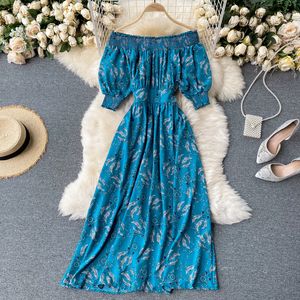 Teeuiear vintage slim sexig av axel sommar höst blommig tryck lång klänning party kvinnor elegant tunika strand semester klänning y0118