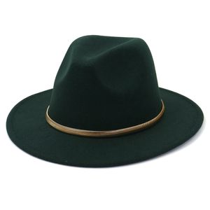 2021 New sólido turquesa verde cores lã feltro fedora chapéus com dourados cadeia mulheres homens largamente borda jazz festa formal chapéu panamá