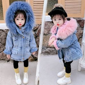 아기 소녀 코트 옷을위한 한국인 데님 자켓 가을 겨울 아이 두건을 모피 따뜻한 진 겉옷 아이 의류 2 3 4 5 6 년 LJ201017