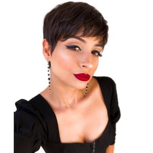 Wholesale short natural black hairstyles resale online - pixie cut lace front Wigs With Bangs Human Hair Full Machine Made Scalp Top Wig natural black hair short hairstyles