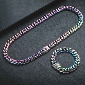 316L Rostfritt stål Män Kvinnor Hip Hop Mutilcolor Smycken Kubanska länkkedja Halsband Armband Iridescens Curb-kedjor 6mm / 8mm / 10mm / 12mm / 14mm