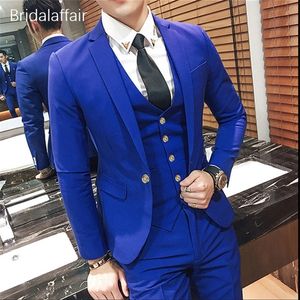 Kuson Royal Blue Homens Terno 3 Pcs Formal Terno Mens Prom Noivo Noivo Smoking Slim Fit Mens Mens Set Conjunto (Casaco + Calças + Colete) 201106