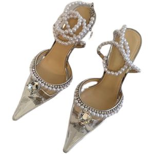 MACH Pearl sandals Top quality high heeled Luxury Designer Transparent PVC womens dress shoes decorative buckle Heels Dinner wedding party sandal