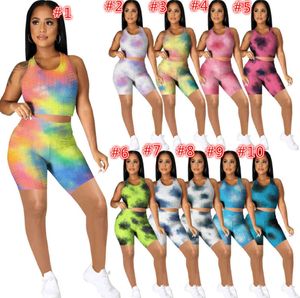 Sommar Kvinnor Tracksuits 2 Pieces Set Kläder 2022 Mode Casual Tie Dyed Vest Shorts Outfits Sexiga Sportkläder Clubwear Plus Storlek S-XXL