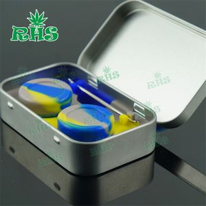 4 in 1 Tin Silicone Storage Kit Set with 2pcs 5ml Silicon Wax Container Oil Jar Silver Dab Dabber Tool Metal Box Case