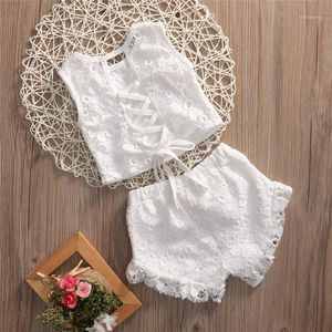 Decorazioni natalizie CANIS Bianco Dolce Bambino Bambina per bambini Pizzo all'uncinetto Fiocco sul retro Top Pantaloncini Abiti 2 pezzi Set vestiti 2-7T1