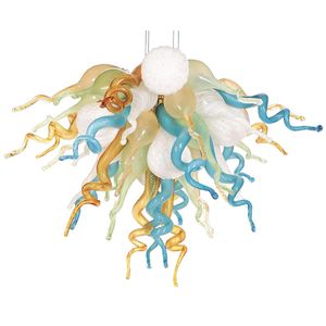 Moderne Murano-Lampen-Kronleuchter, weiß, blau, bernsteinfarben, mehrfarbig, 28 Zoll LED, 100 % mundgeblasenes Glas, Hängeleuchter